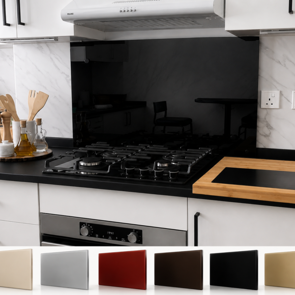 Kitchen splashback glass Dubai with custom coloured glass samples