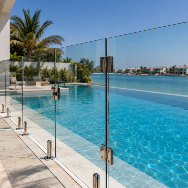 Pool Glass Fencing Dubai with 12mm frameless tempered safety glass and 316 stainless steel spigots installed by Glass Sea UAE.