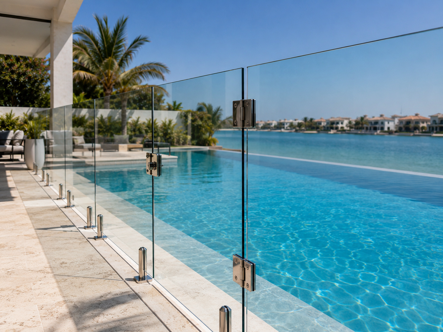 Pool Glass Fencing Dubai Pool Glass Fencing Dubai with 12mm frameless tempered safety glass and 316 stainless steel spigots installed by Glass Sea UAE.