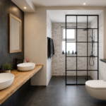 Black framed shower glass installation in a modern Dubai bathroom