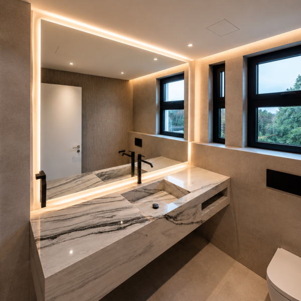 LED Mirror Dubai With Warm backlighting in a modern bathroom