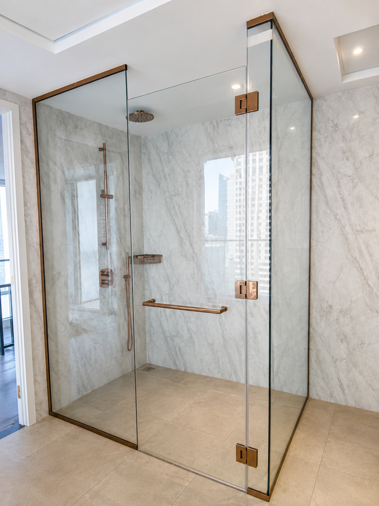 Frameless shower glass enclosure for luxury bathroom in Dubai villa