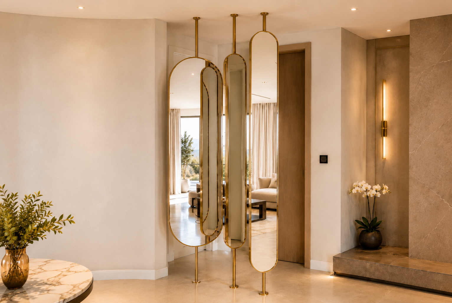 Custom Decorative Mirror Dubai Custom gold-frame decorative mirror installation for a modern villa interior in Dubai by Glass Sea Trading L.L.C.