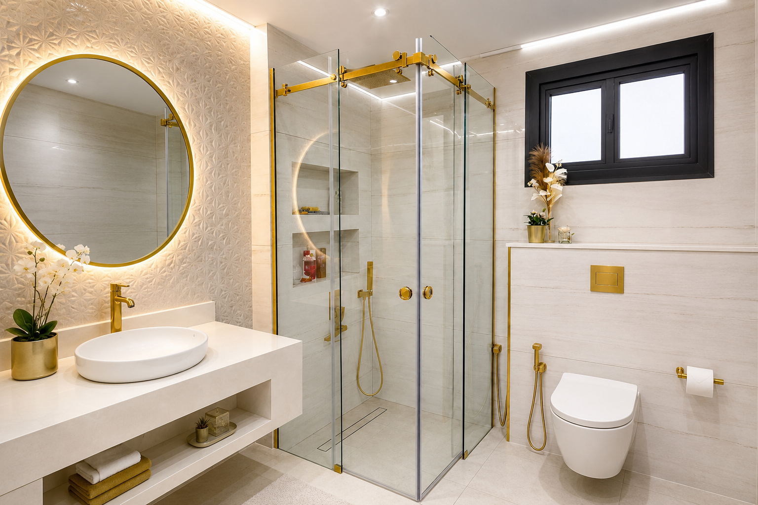 Frameless Shower Glass Dubai – Gold Hardware Frameless shower glass with gold hardware in a luxury Dubai bathroom